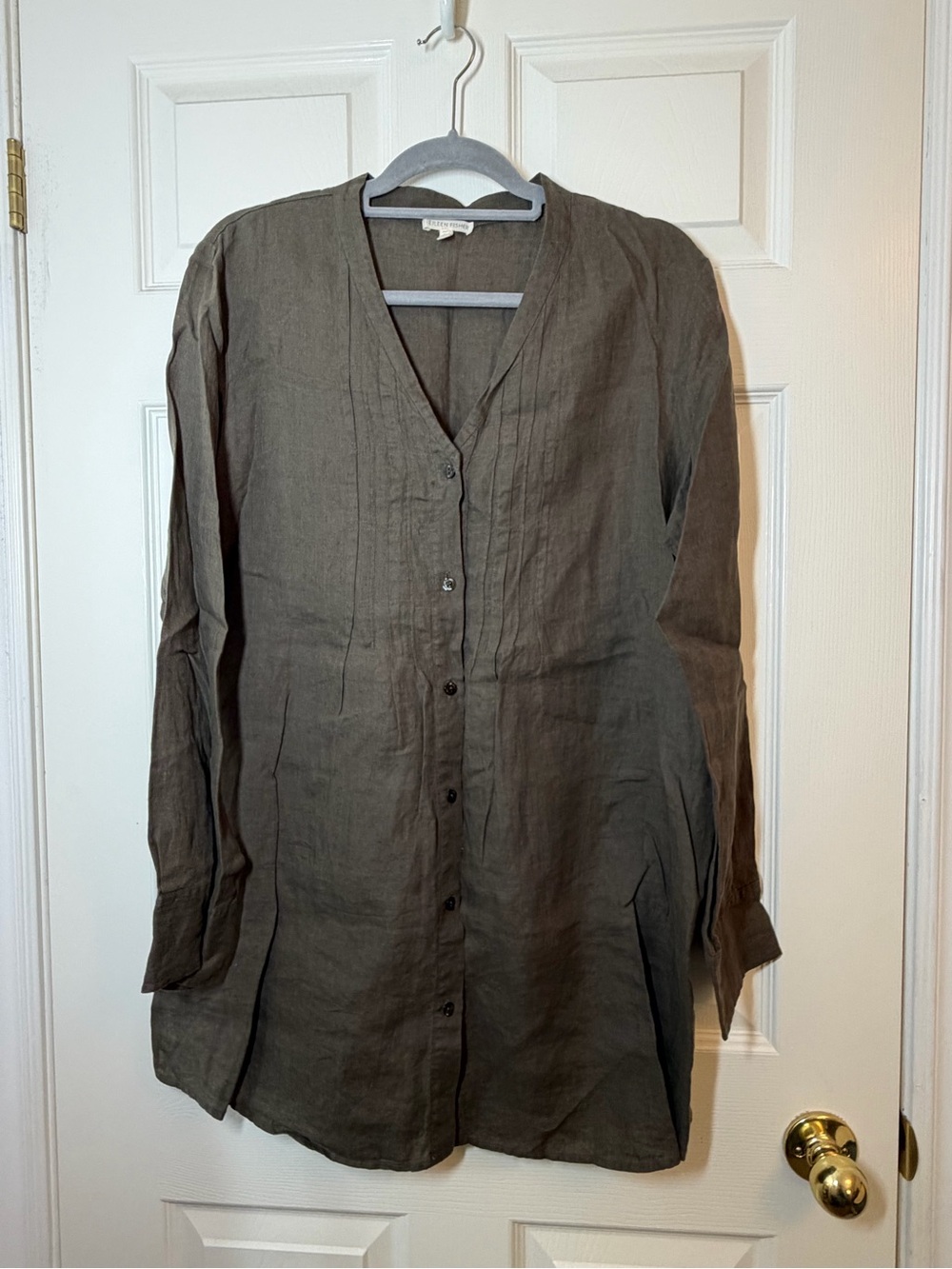 Eileen Fisher Olive 100% Irish Linen Button-Front Tunic Size Large